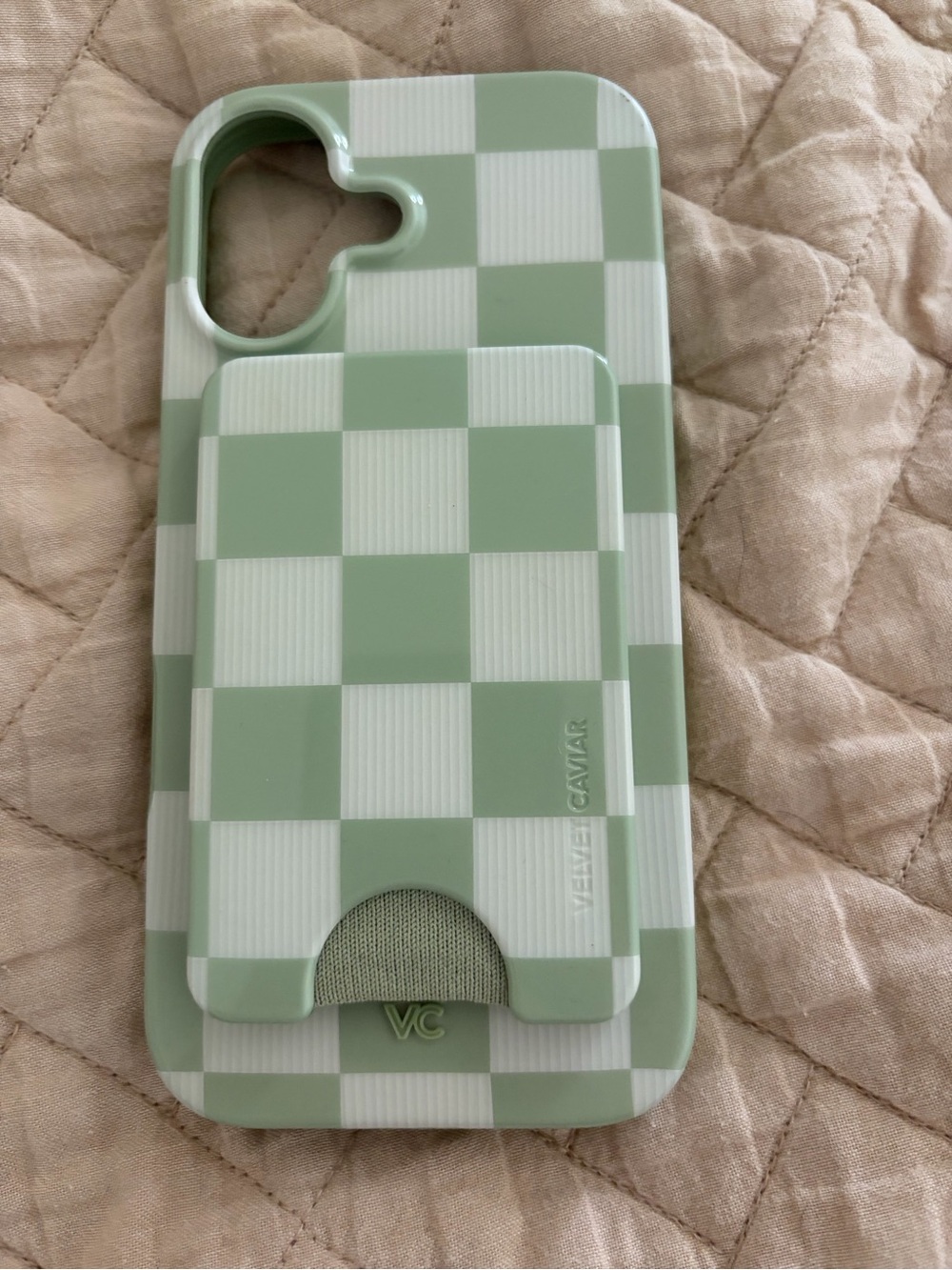 Velvet Caviar Sage Green & White Checkerboard Phone Case with Card Slot